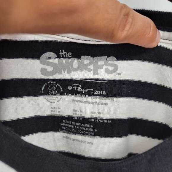 The Smurfs Embroidered Striped T-Shirt Short Sleeve Cotton Crewneck Medium Women - Picture 5 of 10